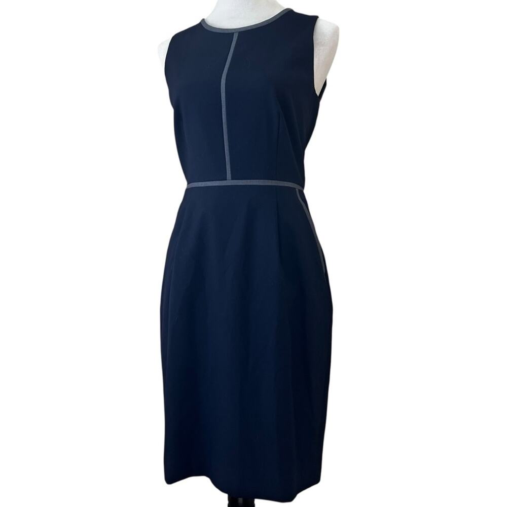 J.Crew 100% Wool Sheath Dress - Size 4 – Navy with Gray Trim - Pockets - Lined